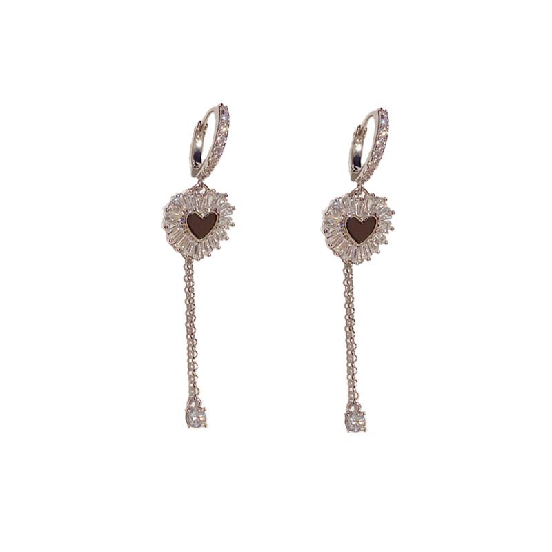Fashion Silver-zirconia Love Tassel Earrings (thick Real Gold Plating) Copper Diamond Heart Hoop Earrings