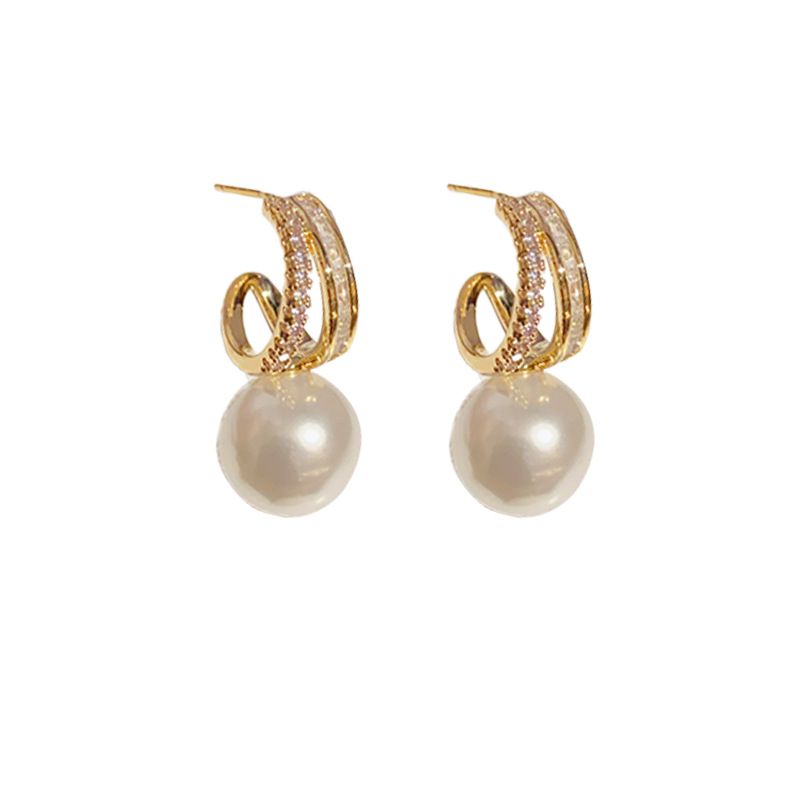 Fashion Pearl Earrings (thick Real Gold Plating) Copper Diamond Pearl Earrings