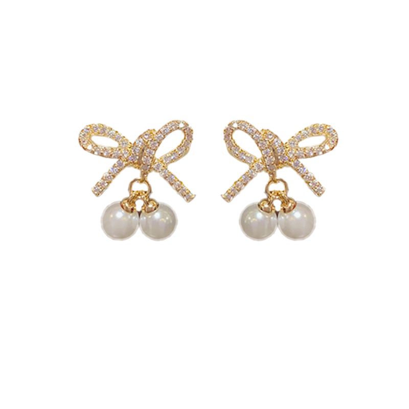 Fashion Gold - Bow Pearl Earrings (thick Real Gold Plating) Copper Diamond Bow Pearl Earrings