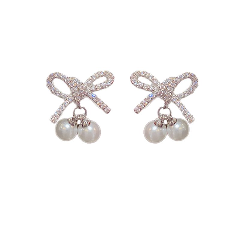 Fashion Silver - Bow Pearl Earrings (thick Real Gold Plating) Copper Diamond Bow Pearl Earrings