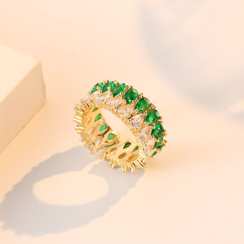 Fashion Emerald White Zircon Ring Metal Diamond Geometric Open Ring