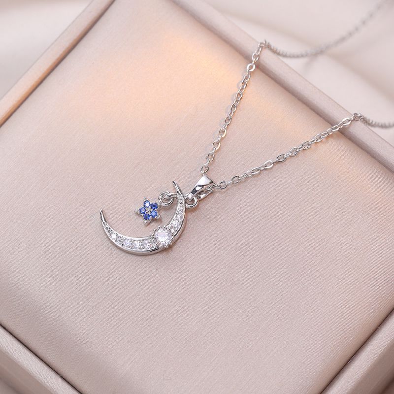 Fashion Silver Titanium Steel Diamond Moon Necklace