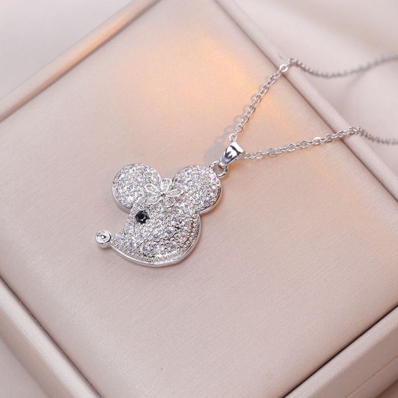 Fashion Silver Titanium Steel Diamond Mouse Necklace