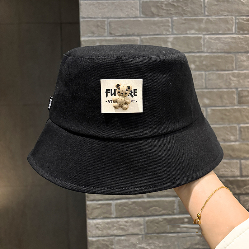 Fashion Black Bear Patch Hot Diamond Metal Label Bucket Hat