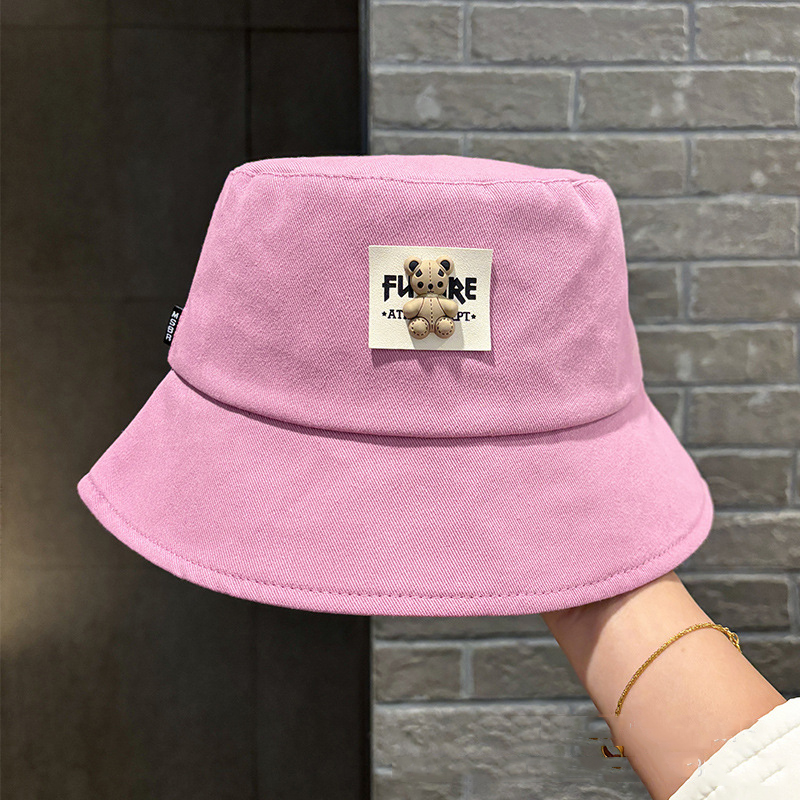 Fashion Purple Pink Bear Patch Hot Diamond Metal Label Bucket Hat