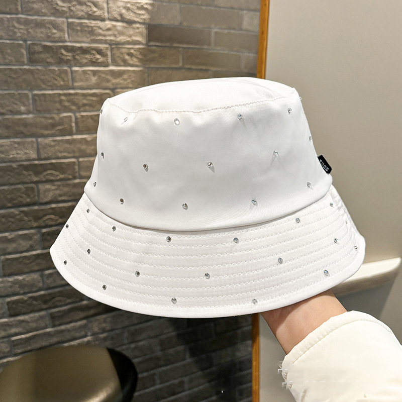 Fashion White Satin And Diamond Flat Bucket Hat