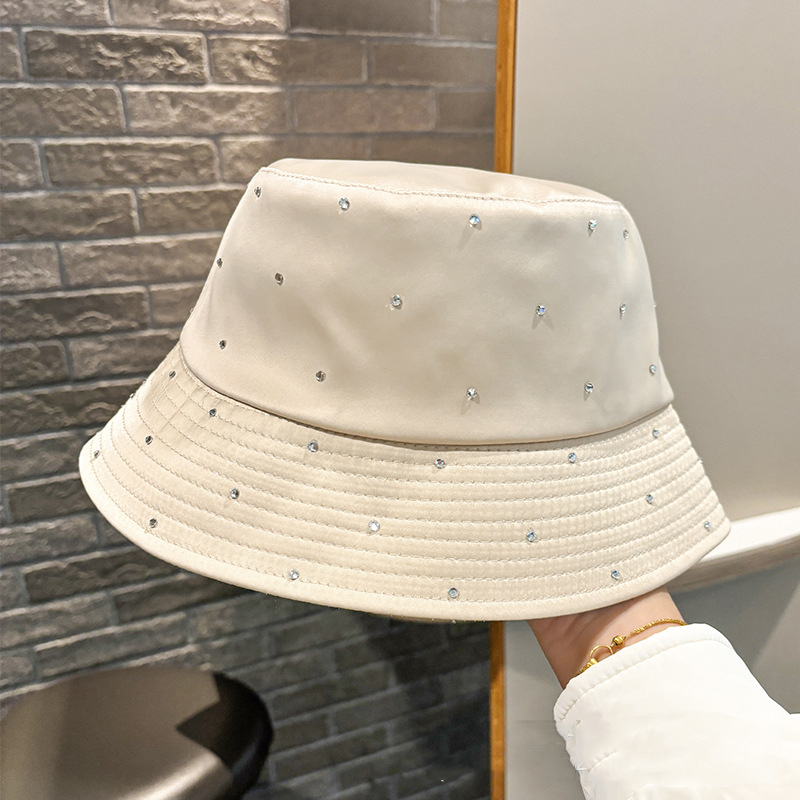 Fashion Beige Satin And Diamond Flat Bucket Hat