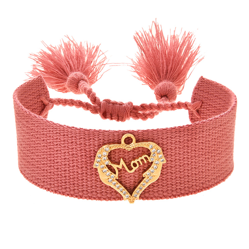 Fashion Leather Pink Copper Inlaid Zircon Letter Mom Love Braided Tassel Bracelet