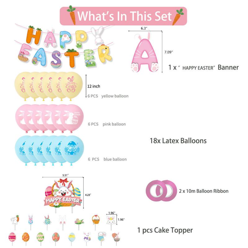 Fashion Set:pull Flag + 18 Balloons + 16 Cake Forks + 2 Pink Flat Ribbons Rabbit Easter Egg Flag Latex Balloon Cake Insert Set