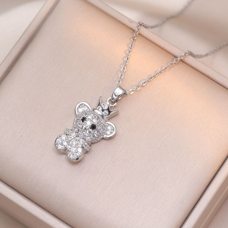 Fashion Silver Copper Diamond Crown Bear Necklace