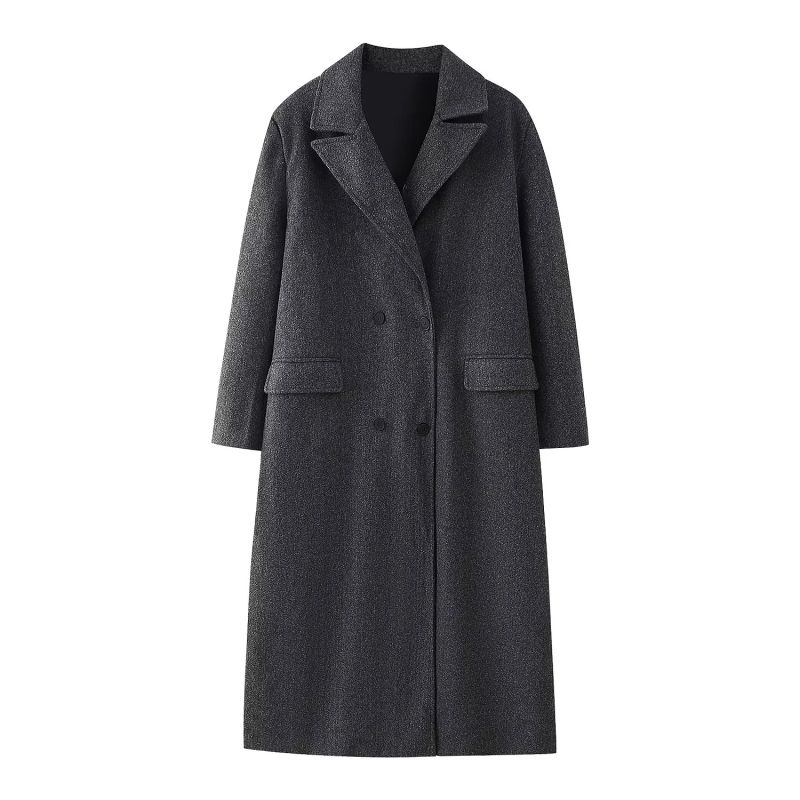 Fashion Grey Polyester Lapel Double-breasted Coat