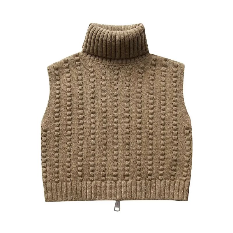 Fashion Khaki Polyester Turtleneck Zipper Knitted Vest