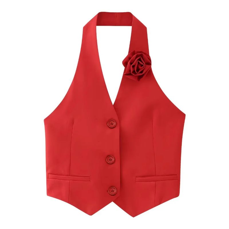 Fashion Red Polyester Floral Breasted Halterneck Vest