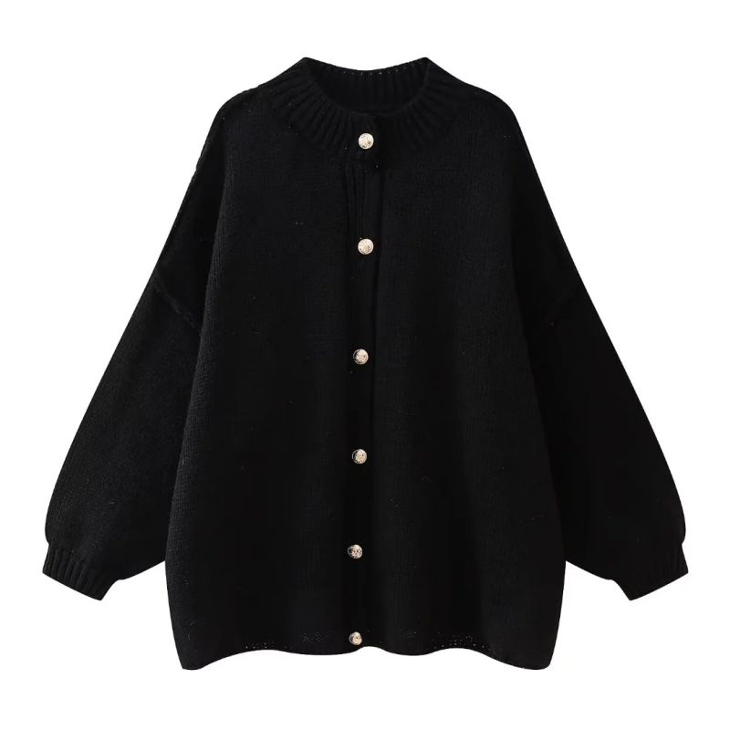 Fashion Black Polyester Knitted Buttoned Sweater Cardigan