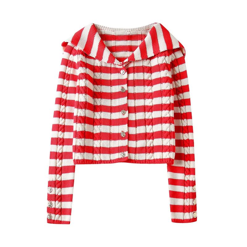 Fashion Orange Striped Knitted Buttoned Sweater