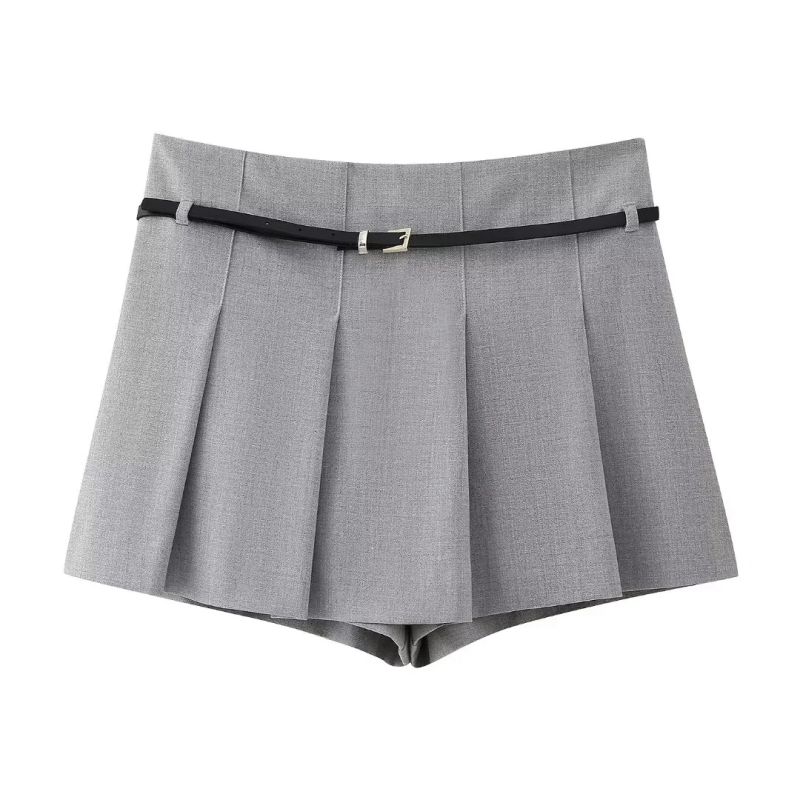 Fashion Light Grey Polyester Belted Wide Pleated Culottes