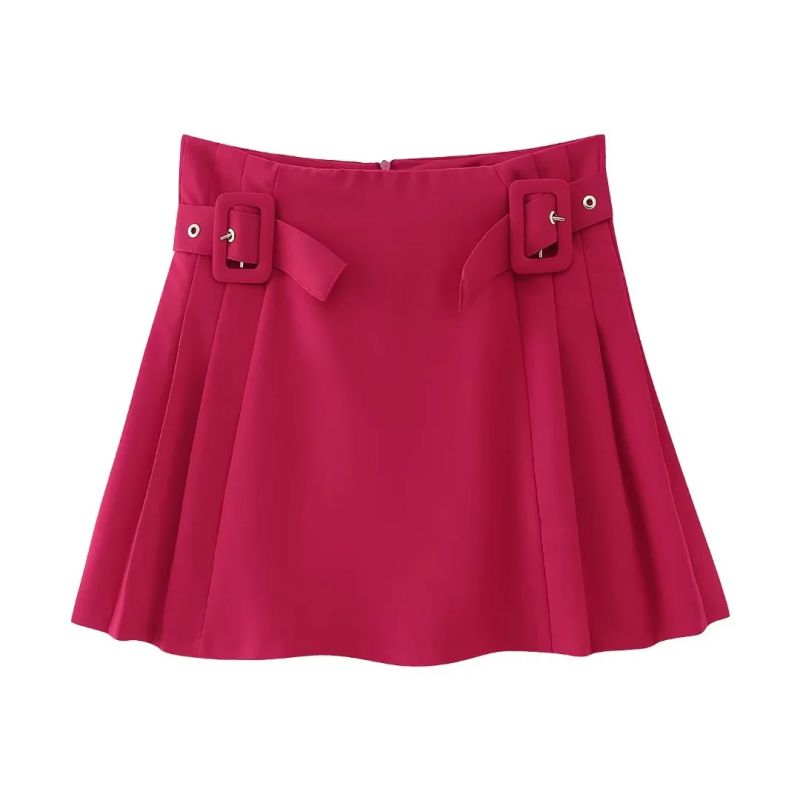 Fashion Rose Red Polyester Belted Pleated Skirt