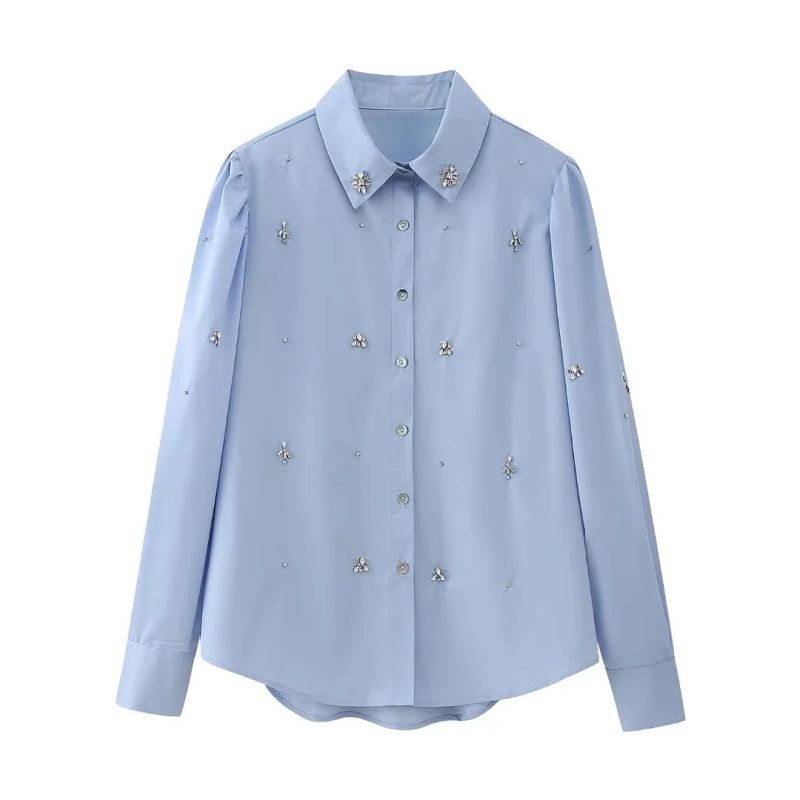 Fashion Light Blue Polyester Jeweled Lapel Shirt