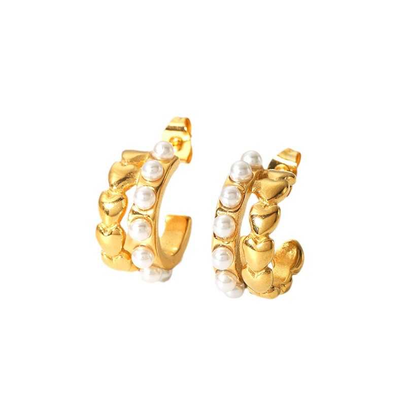 Fashion Gold Stainless Steel Pleated Heart C-shaped Earrings