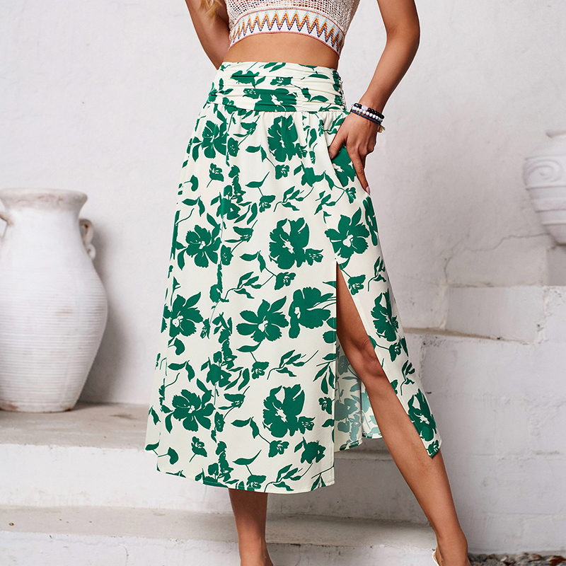 Fashion Green Polyester Printed Slit Skirt