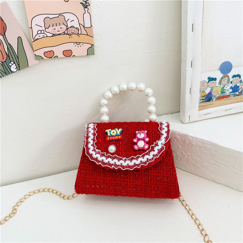 Fashion Strawberry Bear Red Cotton Flap And Pearl Crossbody Bag