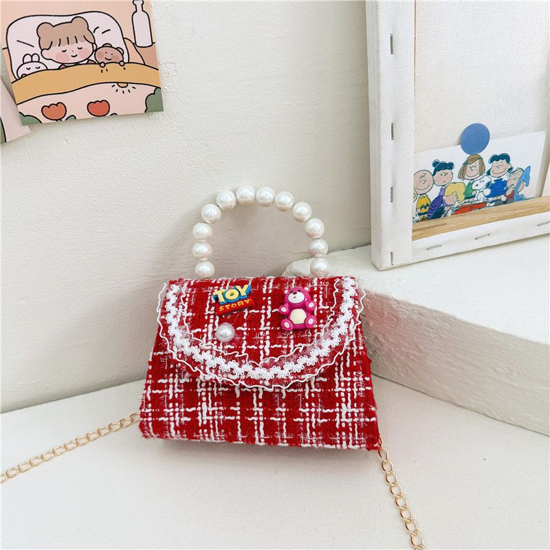 Fashion Strawberry Bear Red And White Color Matching Cotton Flap Pearl Crossbody Bag