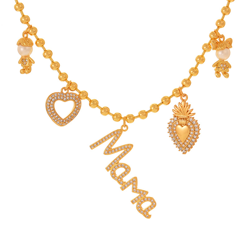 Fashion Gold Copper Inlaid Zircon Letter Mama Love Boy And Girl Pearl Pendant Bead Necklace (3mm)