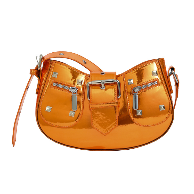 Fashion Orange Pu Rivet Belt Buckle Shoulder Bag