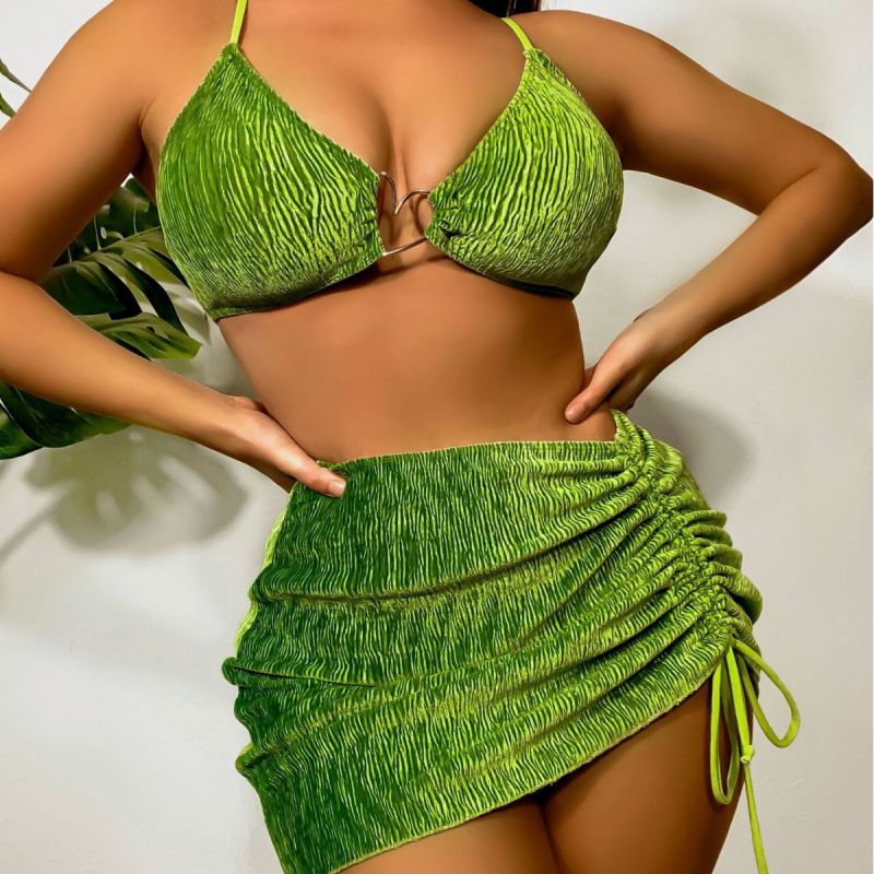 Fashion Green Polyester Pit Strip Halterneck Split Swimsuit Bikini Drawstring Three-piece Set