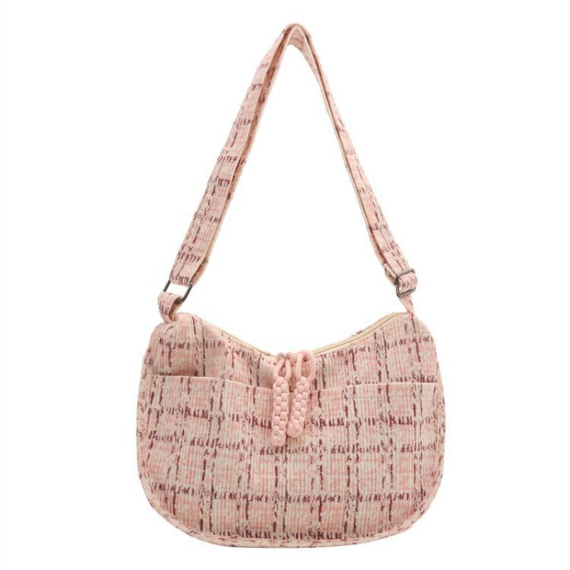 Fashion Pink Large-capacity Shoulder Bag In Cotton Corduroy Check