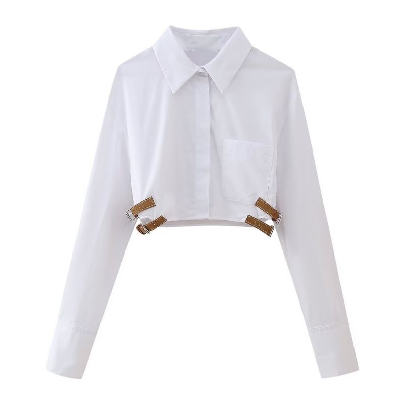 Fashion White Polyester Belted Lapel Shirt