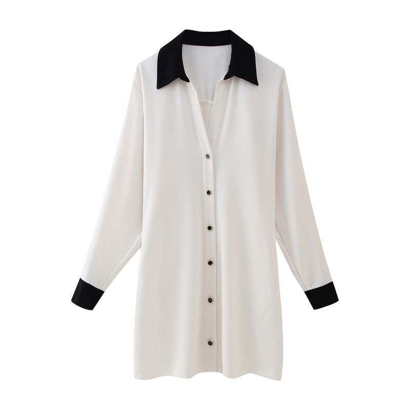 Fashion White Polyester Color Block Lapel Buttoned Skirt