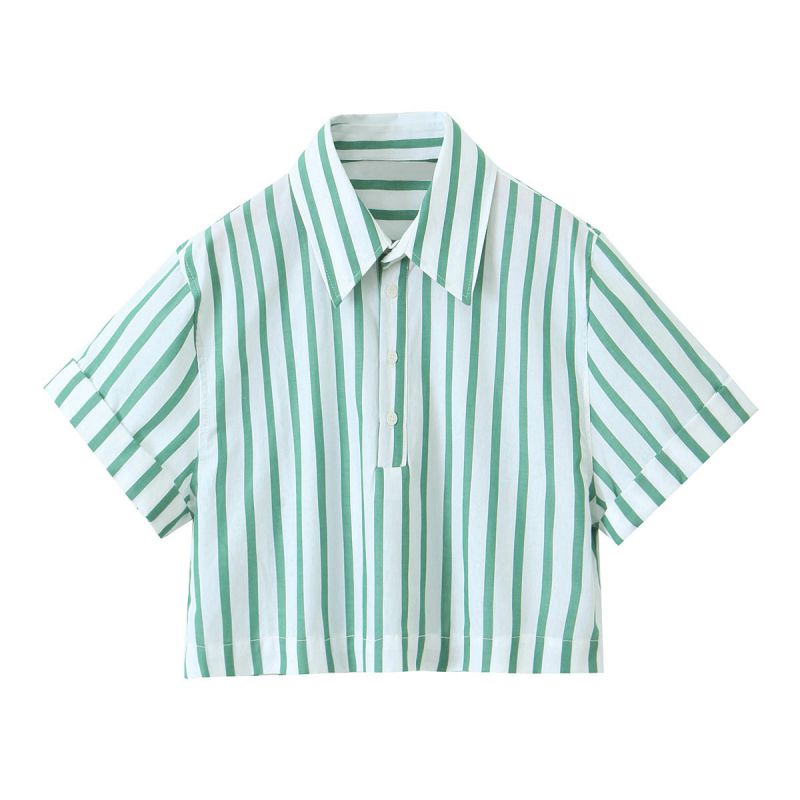 Fashion White Green Polyester Striped Lapel Shirt