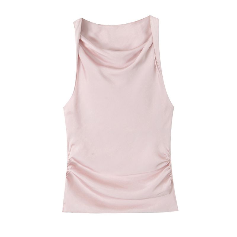 Fashion Pink Silk-satin Pleated Top