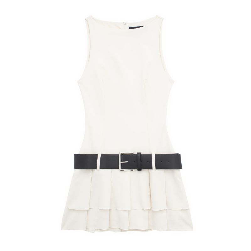 Fashion White Polyester Belted Wide Pleated Skirt