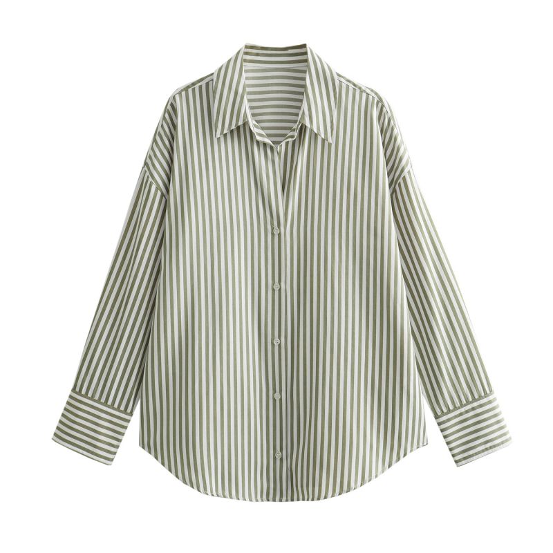 Fashion Green Stripes Polyester Striped Lapel Shirt