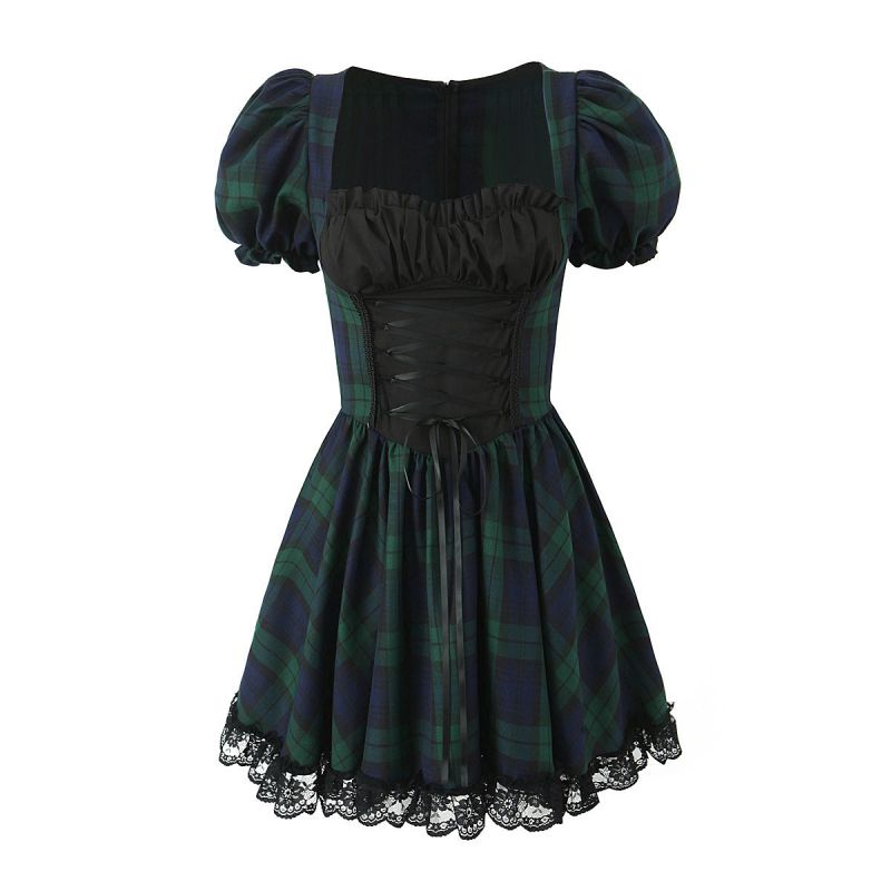 Fashion Green Plaid Polyester Plaid Lace Strappy Skirt