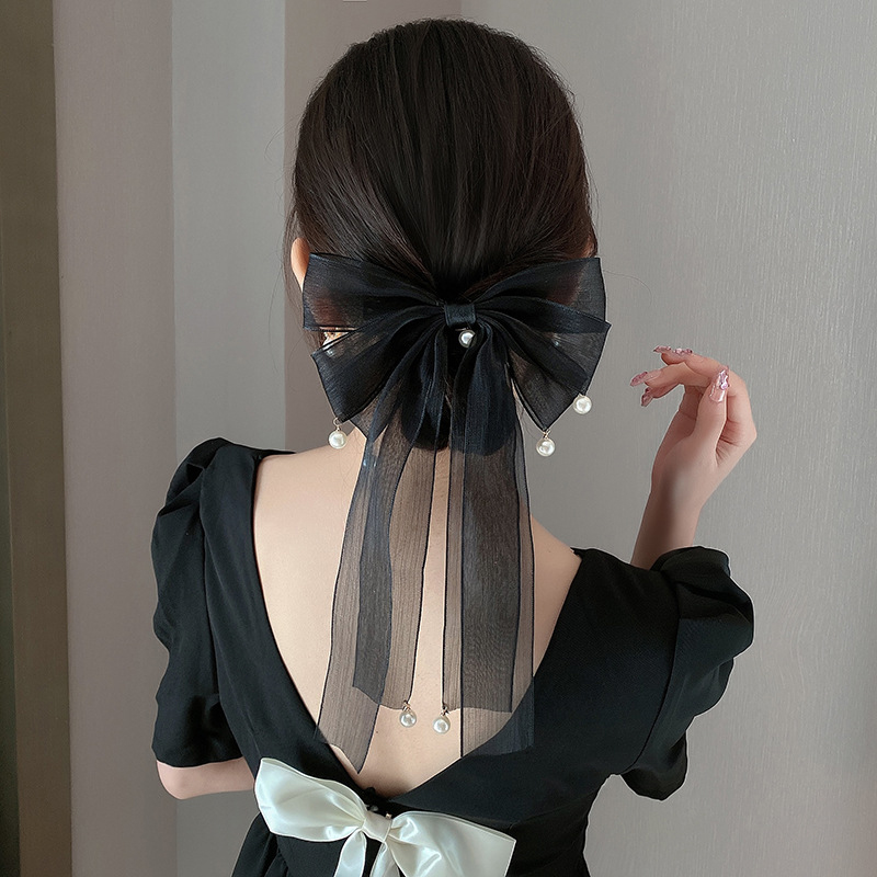 Fashion Black Ribbon Bow Mesh Streamer Bow Hairpin