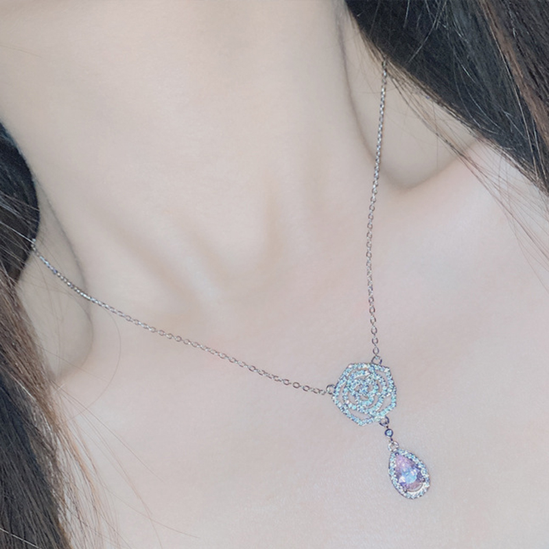 Fashion Pink Diamond?pendant Copper And Diamond Flower Drop Necklace