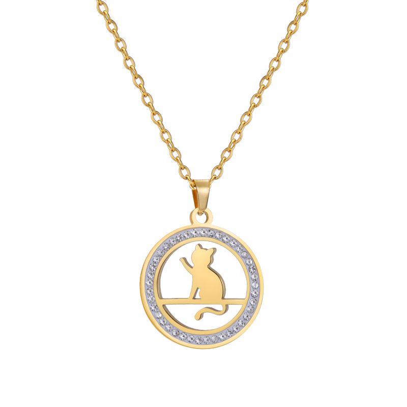 Fashion Gold Stainless Steel Diamond Cat Necklace