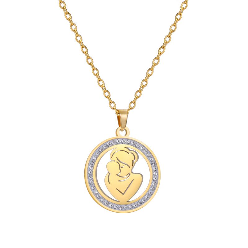 Fashion Golden Mother Holding Baby Stainless Steel Diamond Round Necklace