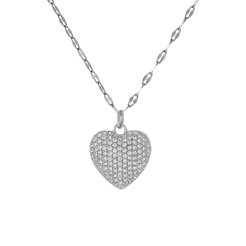 Fashion Silver Titanium Steel Inlaid With Zirconium Love Pendant Necklace