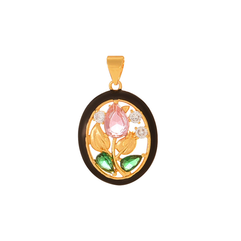 Fashion Black+pink Copper Set Zircon Oil Drop Round Flower Pendant Accessory