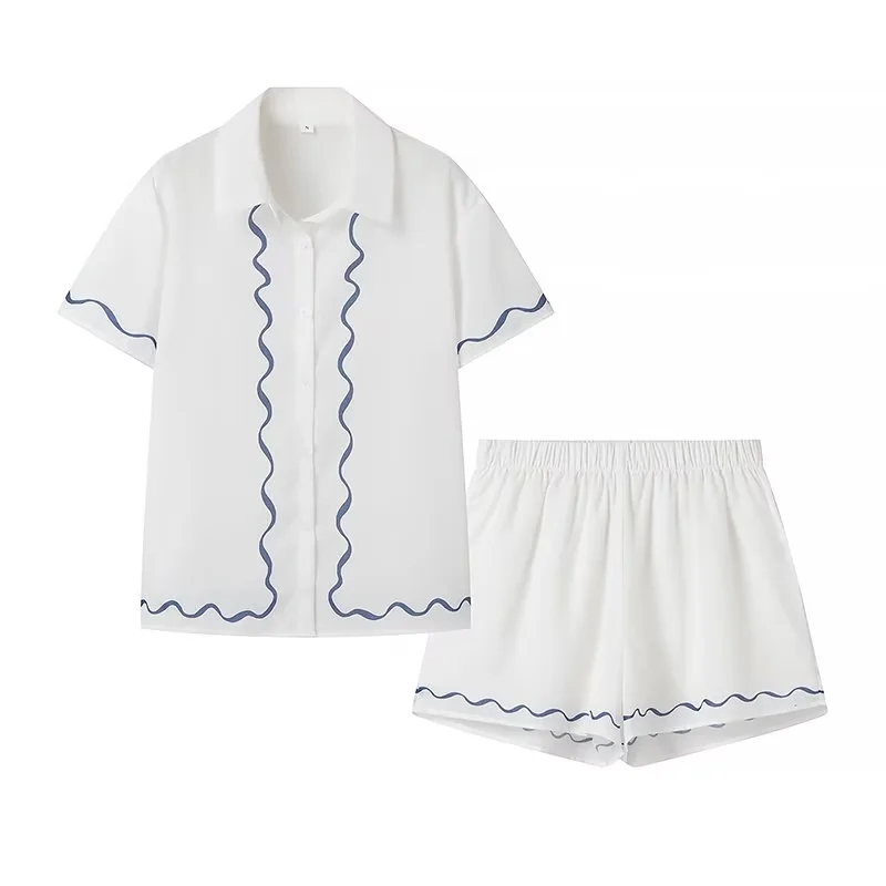 Fashion White Polyester Lapel Button-down Shirt And Shorts Set