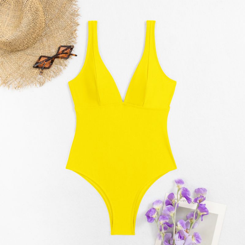 Fashion Yellow Nylon V-neck One-piece Swimsuit