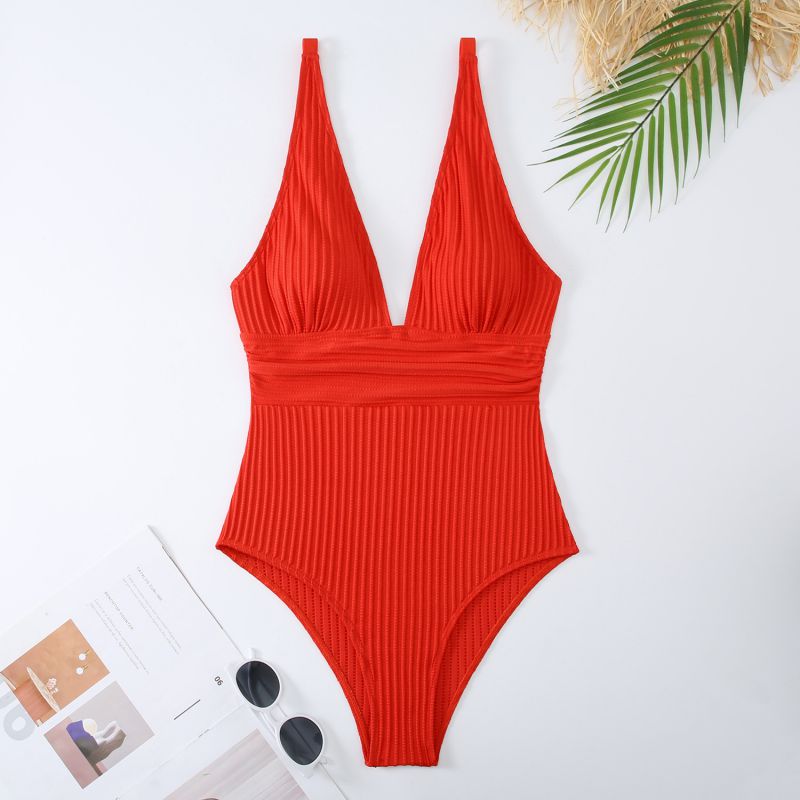 Fashion Red Nylon Vertical Pattern One-piece Swimsuit