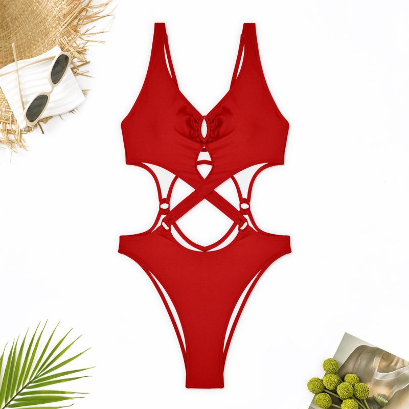 Fashion Big Red Nylon Hollow One-piece Swimsuit