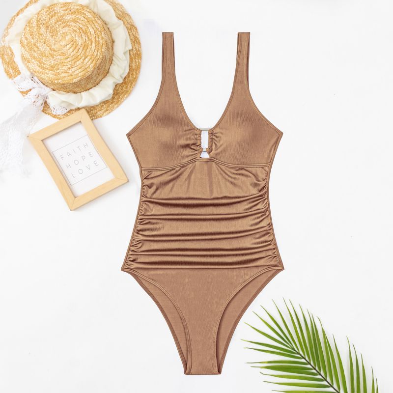 Fashion Light Brown Nylon Pleated One-piece Swimsuit