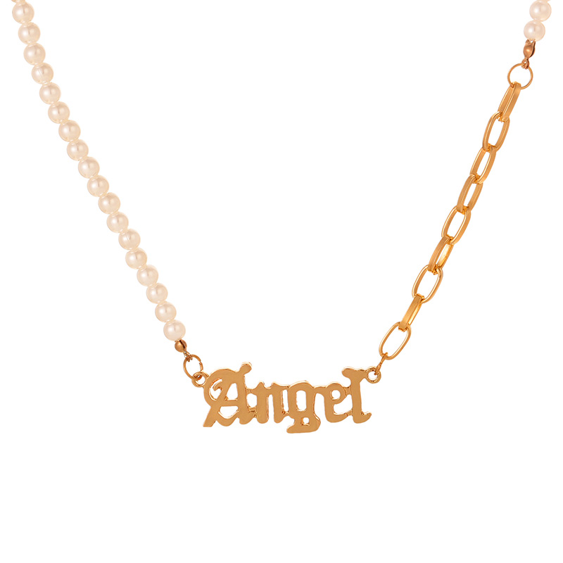 Fashion Gold Alloy Pearl Letter Splicing Chain Necklace
