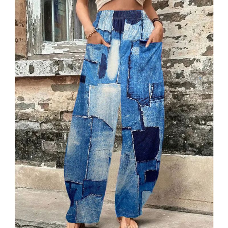 Fashion Blue Polyester Printed Wide-leg Trousers